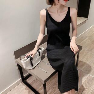 针织吊带连衣裙女2026春秋新款中长款背心长裙黑色修身内搭打底裙