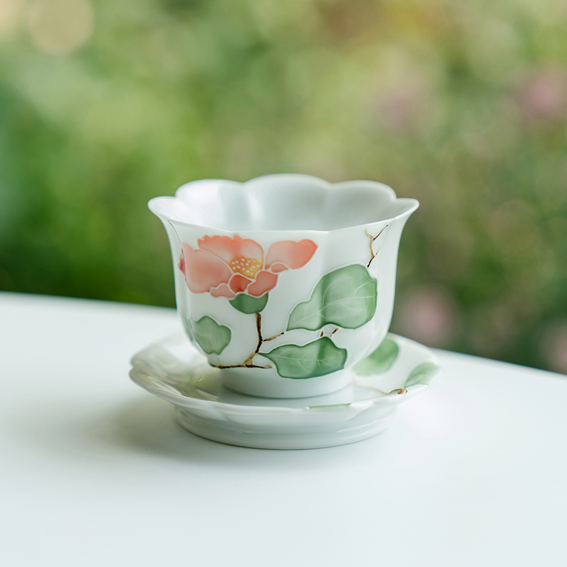 拓土主人杯单杯纯手绘山茶花高足杯陶瓷功夫品茗茶杯个人女士专用
