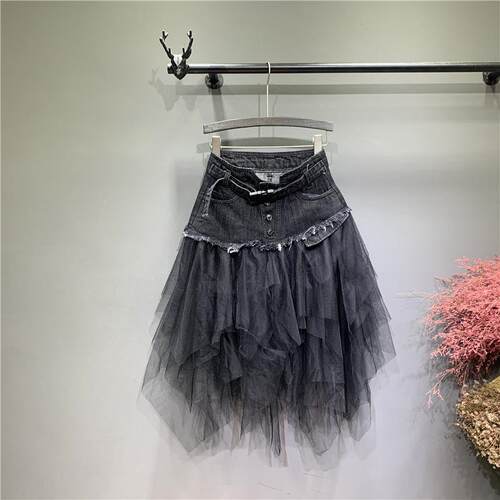 Womens Denim Patchwork Mesh Skirt Personalized Raw Edge Hem