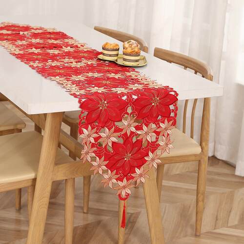 厂家现代简约时尚刺绣红色圣诞镂空绣花桌旗餐桌布盘垫盖