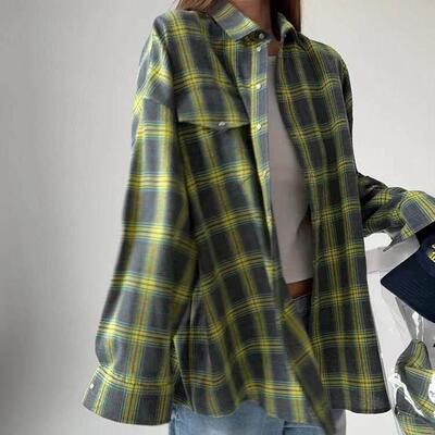 欧美覆古翻领宽松衬衫格纹长袖口袋衬衫 Lapel loose plaid shirt
