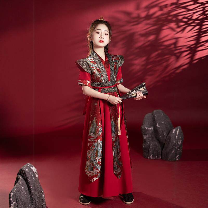 正品款原创夏薄短袖儿童中国风英装姿飒爽花兰木侠客新款演出服古