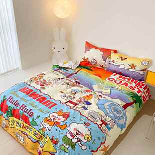 高档夏威滩海复古昭和纯单棉床款宿舍四夷件套