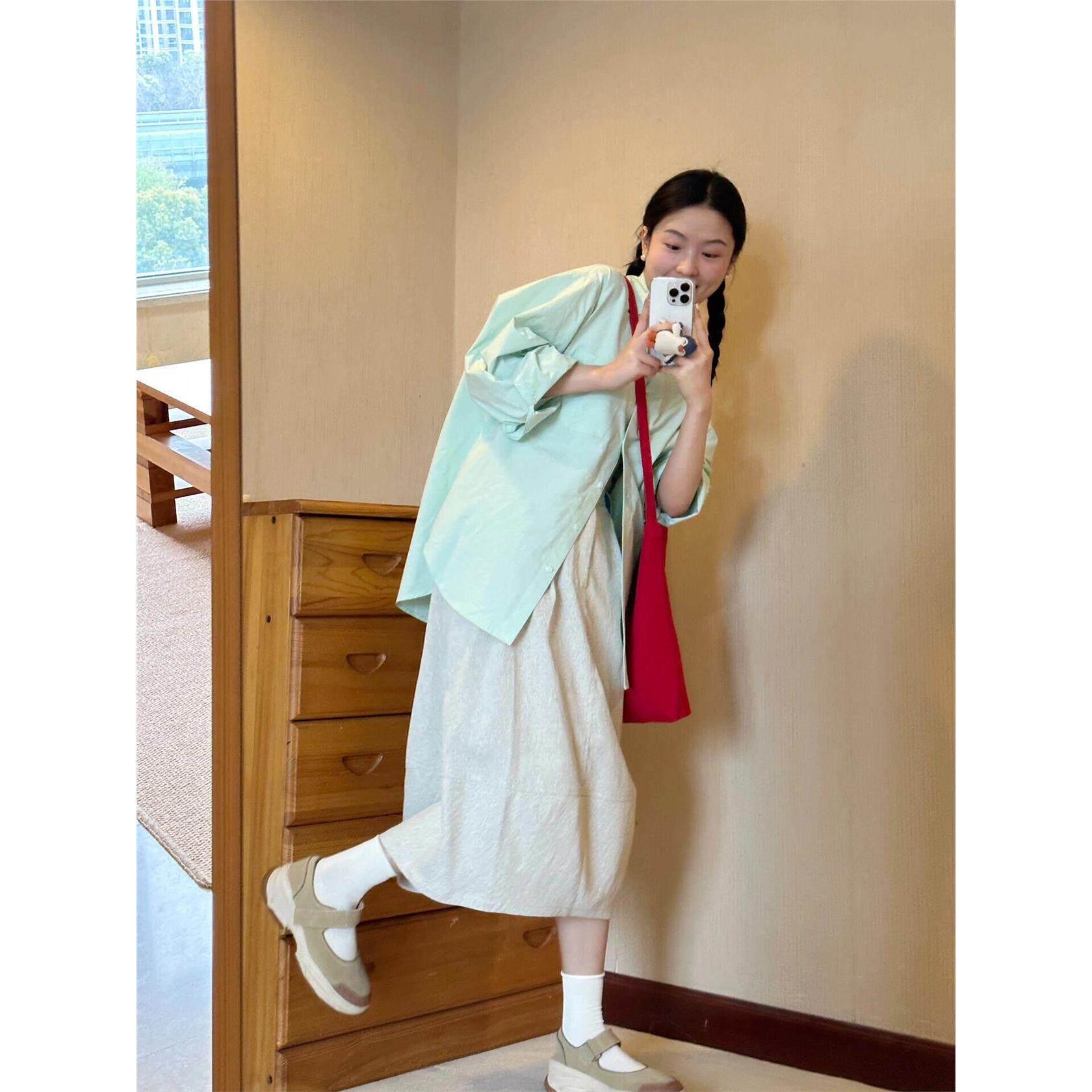 NextMary薄荷绿长袖衬衫女外搭春季小众衬衫宽松休闲气质百搭上衣
