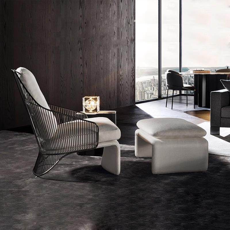 意大利设计师家具轻奢现代单人沙发洽谈接待椅不锈钢布艺休闲座椅