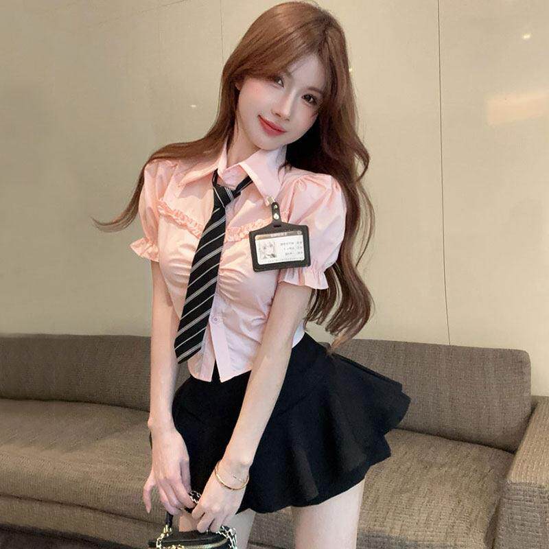 学院风法式甜美制服套装花边泡泡袖带领带衬衫+高腰蓬蓬半身裙裤