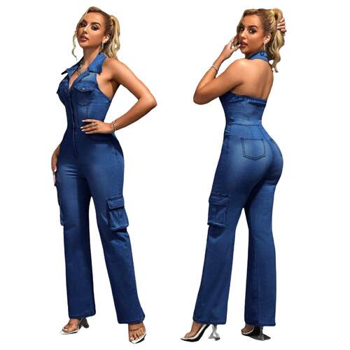 Tight waist wash denim jumpsuit straight leg jumpsuit