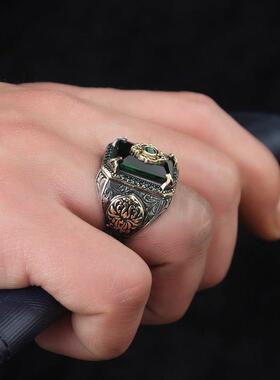 Retro Handmade Turkish Signet Ring for Men Vintage Silver Co