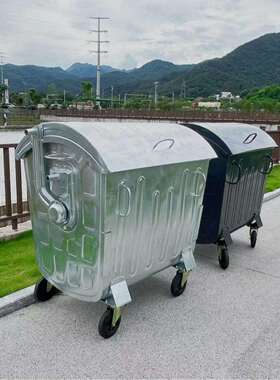 1100升外贸冷热镀锌四轮金属垃圾桶挂车垃圾箱热浸镀锌圆顶660L