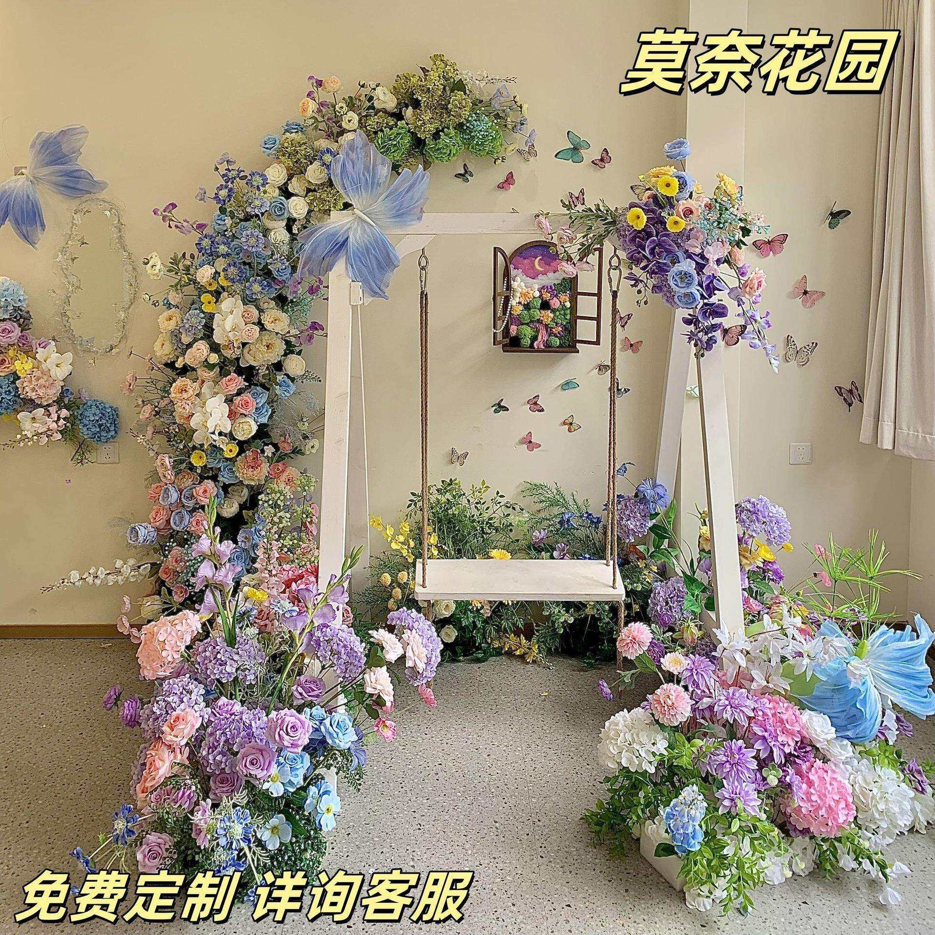 梦幻莫奈仿真花拱门婚礼婚礼布置仿真花之窗瀑布窗帘弧形花架假花