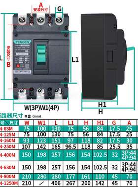 天正TGM1N塑壳断路器M型较高分段能力50KA70KA空气开关3300三相3P
