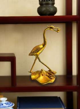 复古紫铜鎏金仿金仙鹤衔珠摆件 铜工艺品 文创市集民间旧藏老物件