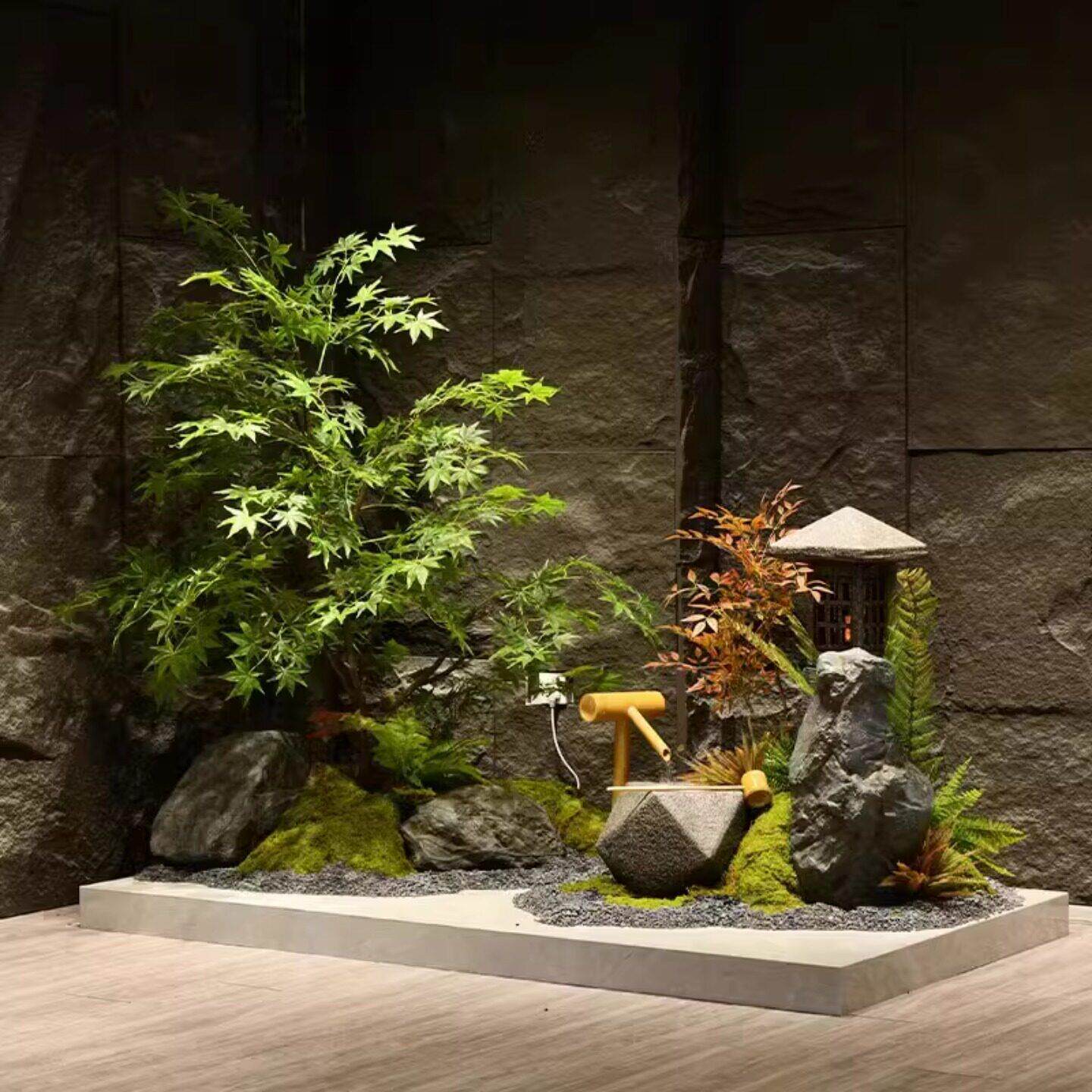 仿真绿植枫树流水造景新中式装饰室内酒店假山石宫灯高级摆件景观