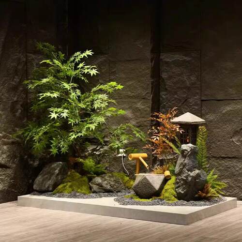 仿真绿植枫树流水造景新中式装饰室内酒店假山石宫灯高级摆件景观