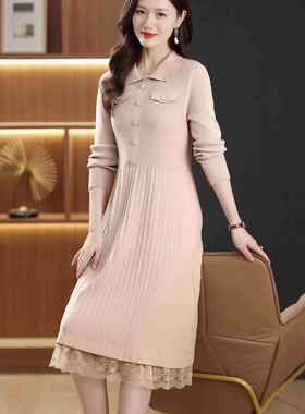 MONLOUVE红色针织连衣裙女士秋冬翻领收腰中长裙气质高级感蕾丝拼