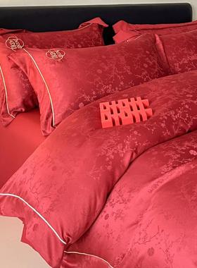 高档提纯花婚庆婚床上四件套大红色结全棉床单棉被婚HST房陪嫁床