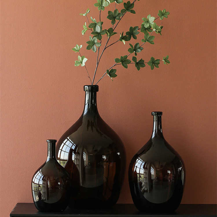 批发 北欧家居墨绿细颈酒瓶状玻璃花瓶彩色 手工花插