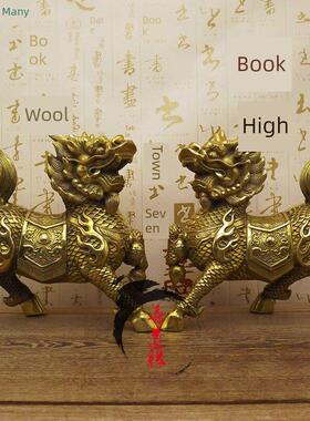 纯铜麒麟 铜工艺品 黄铜财福麒麟一对 客厅家居装饰品 办公室摆件