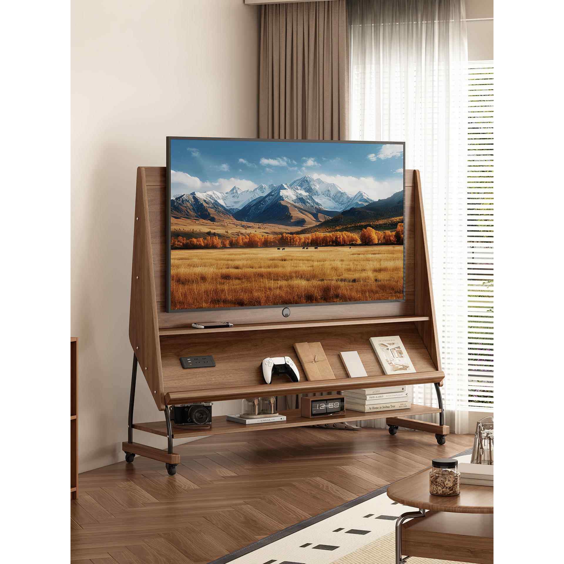 实木可移动电视机柜2025新款客厅家用小户型收纳储物一体电视支架