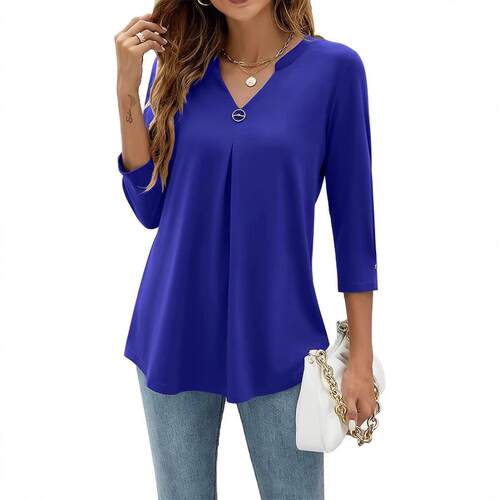 Seven inch sleeve V-neck buttoned T-shirt top for women's