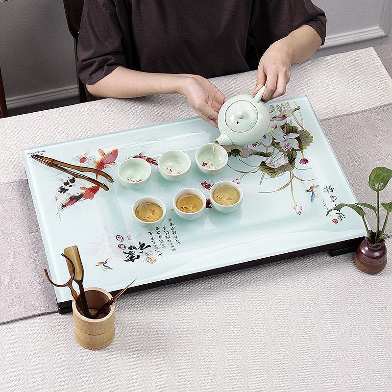 钢化玻璃茶琉璃简约盘夫托 托盘盘茶具套组排水式家用茶台功茶托