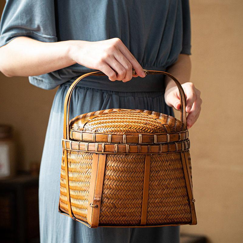 竹编食盒中式彷古家用带盖手工竹编织竹篮竹筐野餐手提篮大号覆古