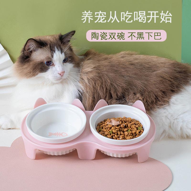 猫碗陶瓷猫食盆猫咪碗宠物碗斜口保护颈椎防打翻双碗喝水喂食一体