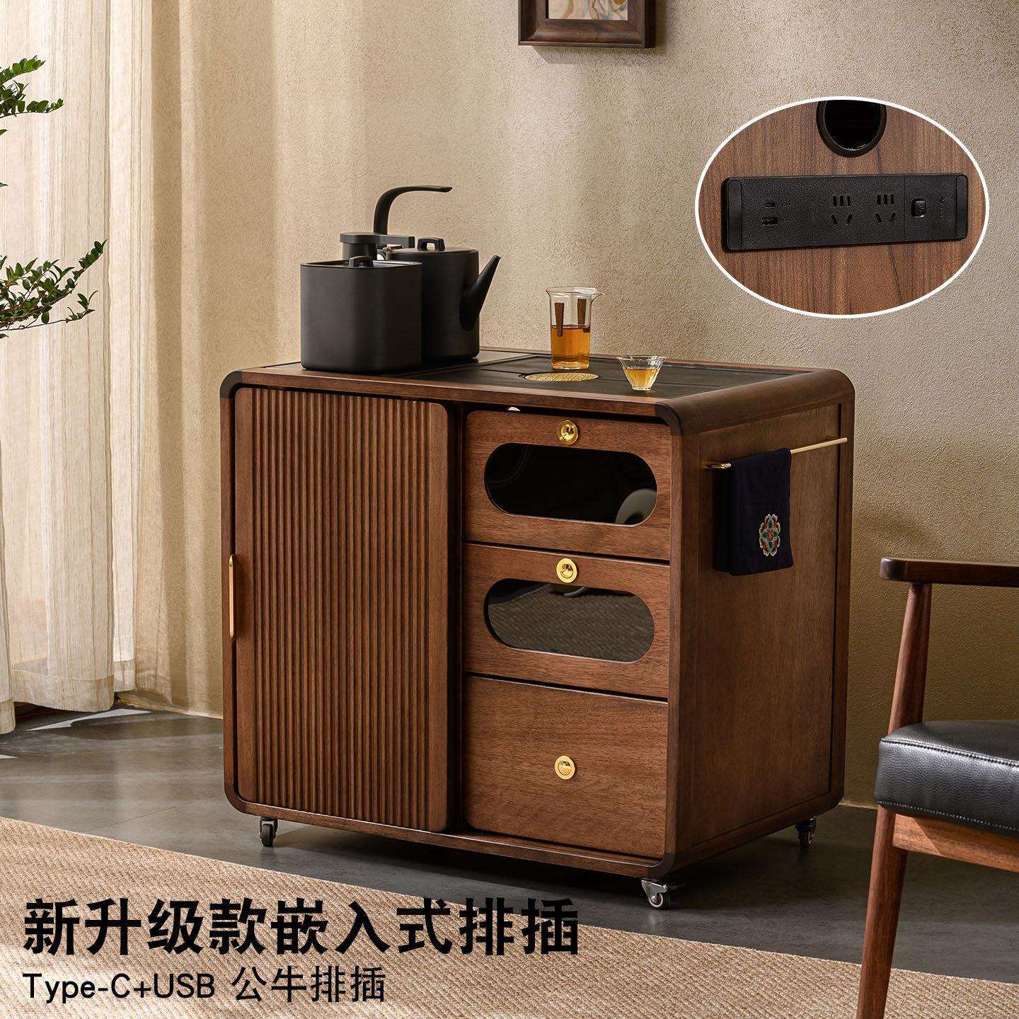 胡桃木方形中古风茶几柜移动泡茶台家用烧水茶吧机水桶侧柜