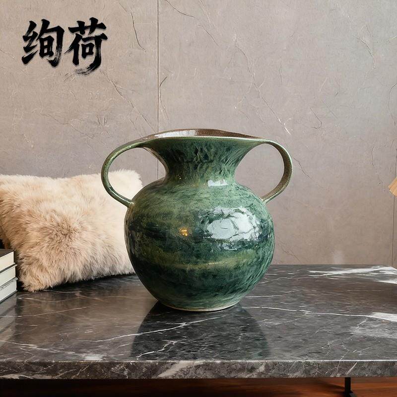 绚荷景德镇花瓶花器高档无孔双耳陶瓷罐墨绿装饰摆件新中式高级感
