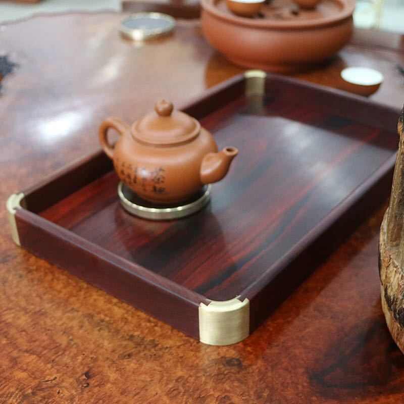红木茶托盘红酸枝水果盘收纳盘实木嵌铜角茶盘文盘