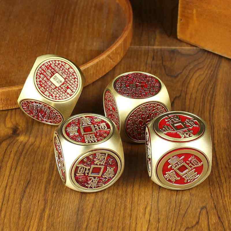 黄铜红色五帝钱办公室桌面财神福禄寿喜八卦六面转摆件解压转转铜