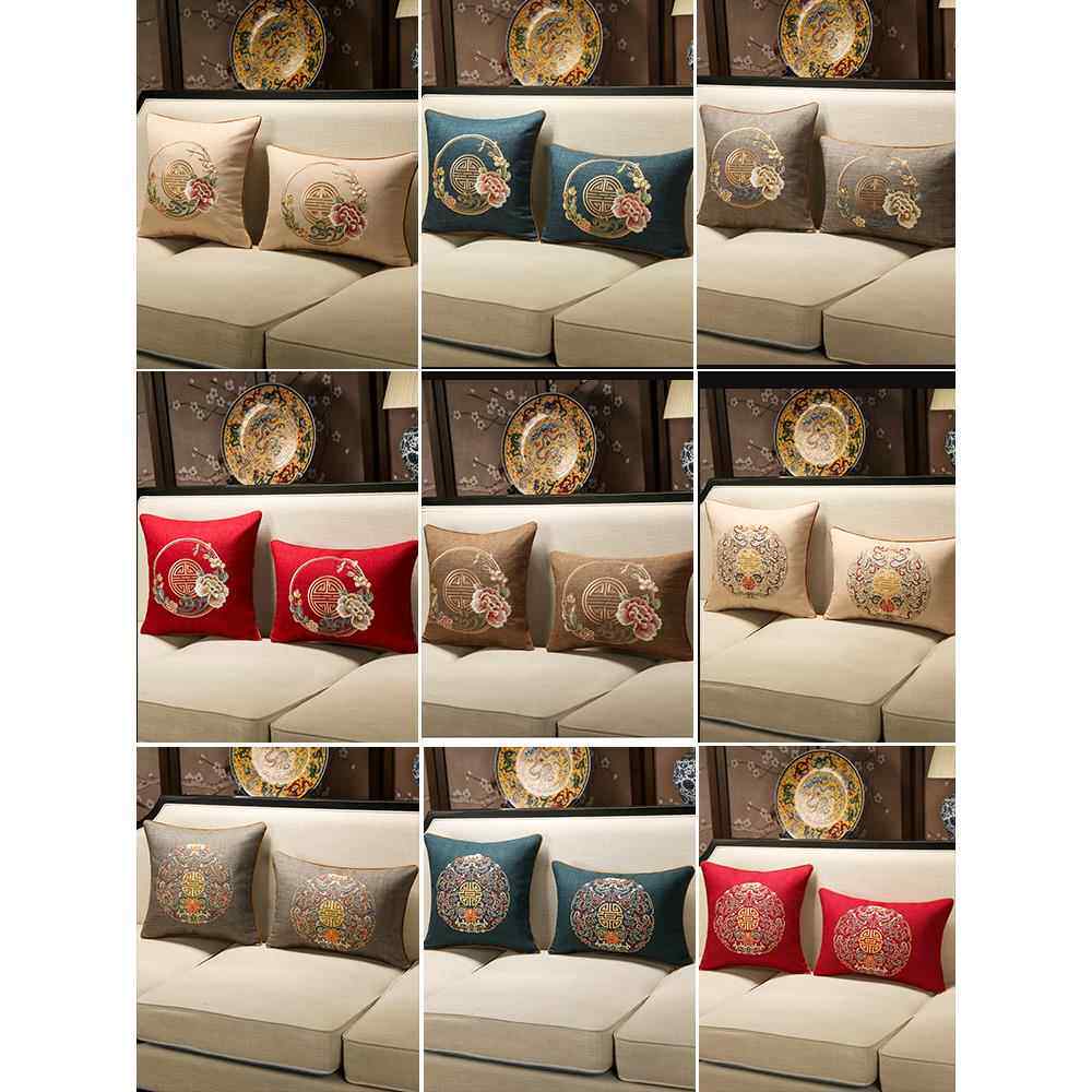 中式腰枕棉沙发刺绣靠垫套麻厅长方形靠背10084383垫护客腰枕抱枕