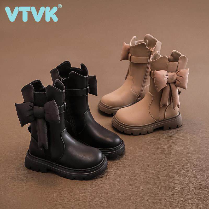 VTVK女童长筒靴子2025秋冬新款儿童加绒马丁靴子中筒皮靴公主长靴