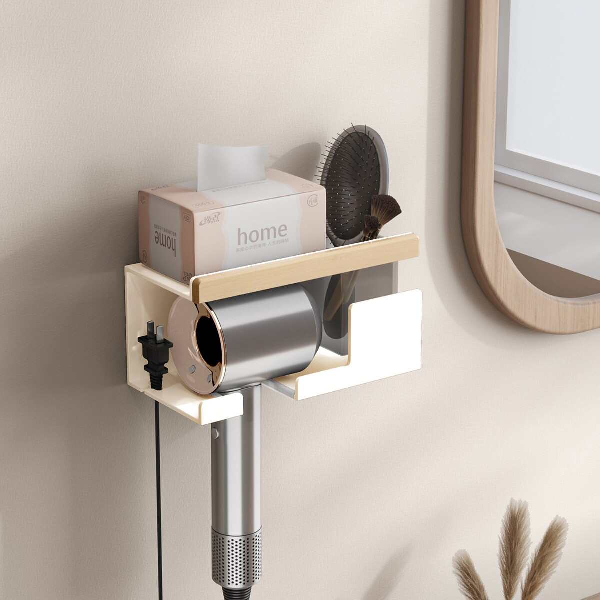 支架实木梳子卫生间收纳架浴室纸巾架打孔置壁挂物吹风机电吹风免