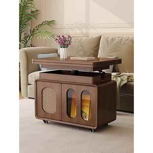 中古风实木可移动升降折叠茶几客厅家用角几小户型推车沙发边几柜