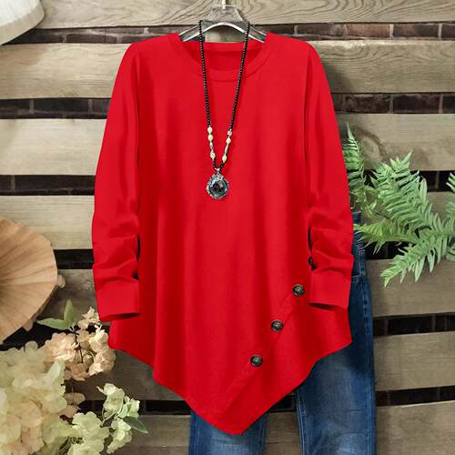 Women Sleeve Round Neck Pure Color Button Detailing