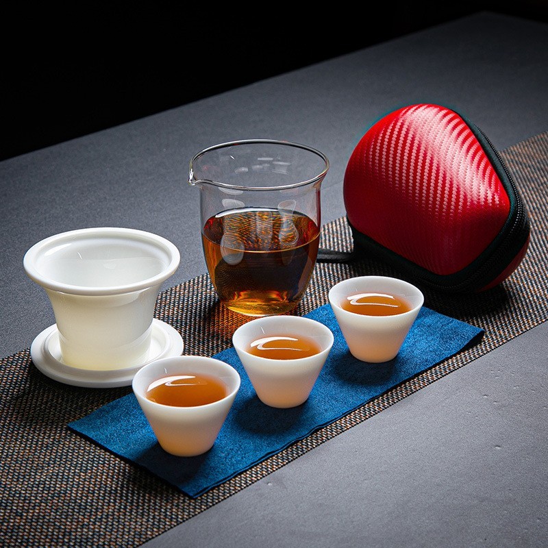 旅行快客杯高档羊脂玉瓷一壶三杯旅行茶具礼耐热玻璃茶海套装
