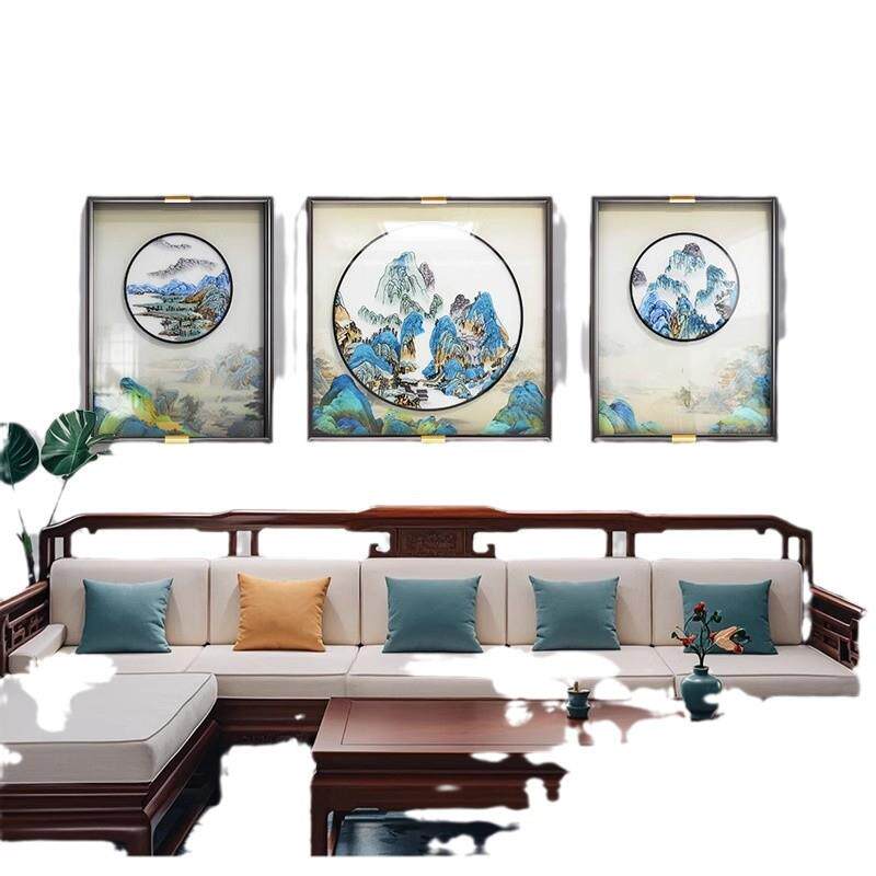 千里江山客厅装饰画新中式沙发背景墙高端刺绣挂画立体苏绣三联画