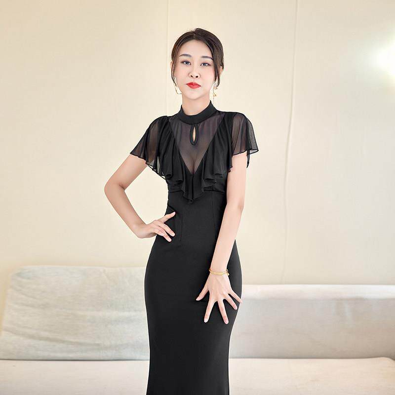 夜总会性感连衣裙高级感短袖晚礼服长款夜店女装纯黑色包臀冬