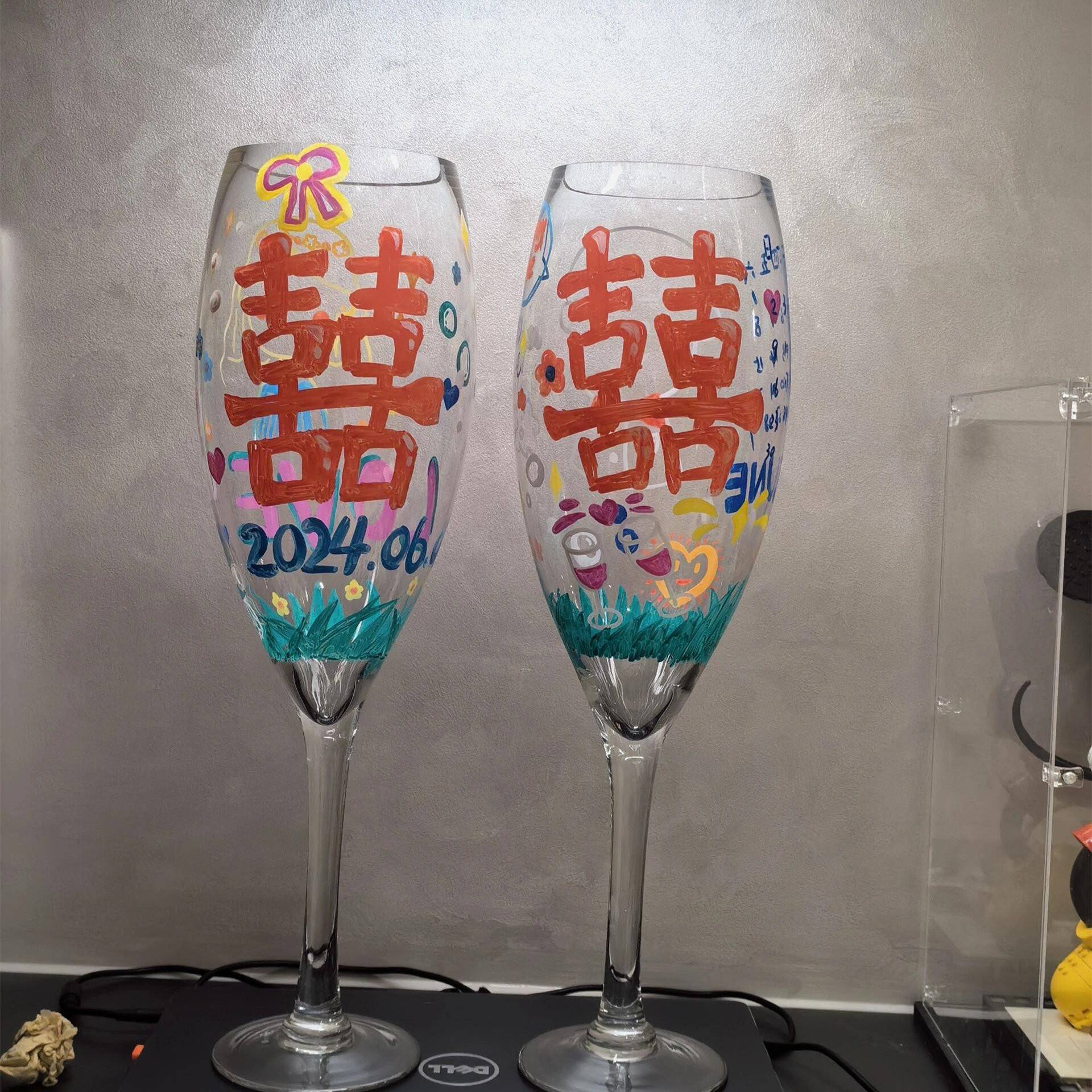 超大敬酒杯自制diy涂鸦玻璃杯婚礼纪念创意香槟高脚杯婚宴红酒杯