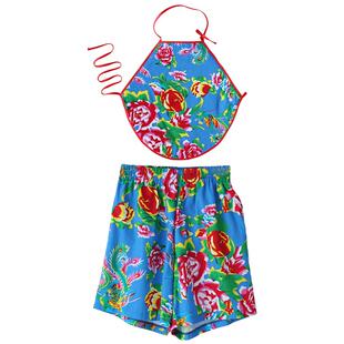 男女沙士兜滩裤 套装 成人民族风舞台演出 东北大花布肚兜短兜裤 新款