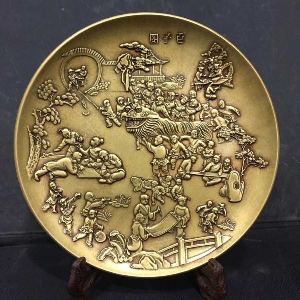 仿古铜器古玩收藏纯铜百子图大盘子碟子摆件家居装饰铜盘铜碟批发