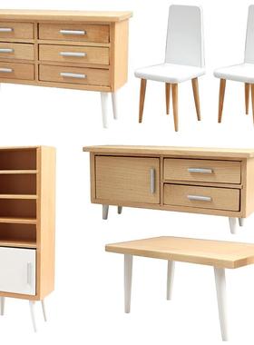 1:12娃娃屋dollhouse迷你家具餐厅微场景摆件原木色现代桌椅柜子