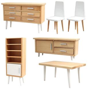 12娃娃屋dollhouse迷你家具餐厅微场景摆件原木色现代桌椅柜子