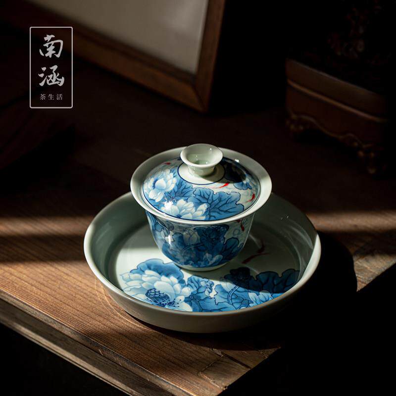 南涵青花三才盖碗壶承简约功夫茶具手抓碗陶瓷茶杯茶盏带盖泡茶碗