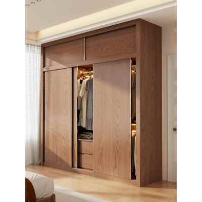 中古风橡木实木推拉门衣柜家用卧室2025年新款爆款移门三门大衣橱