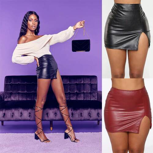 Womens Solid Color PU Leather Short Skirt Street Fashion