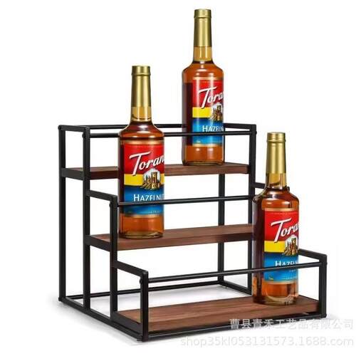 铁艺结合多层红酒展示架木质厨房香料置物架多用途阶梯式整理架