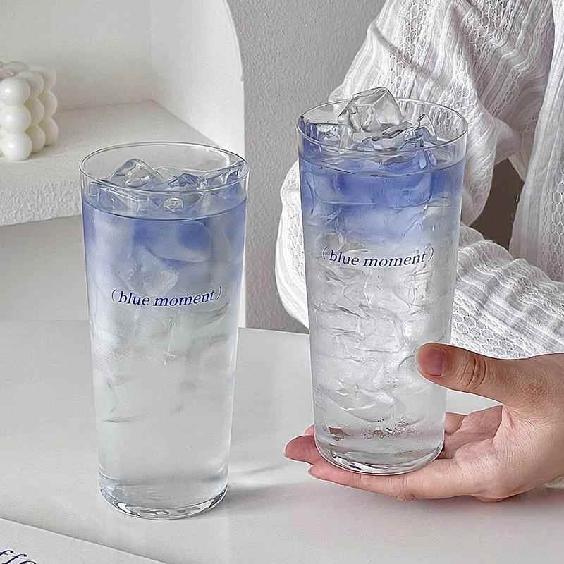 超薄斜身玻璃杯简约蓝色字母调酒杯长饮柯林杯鸡尾酒牛奶咖啡杯子