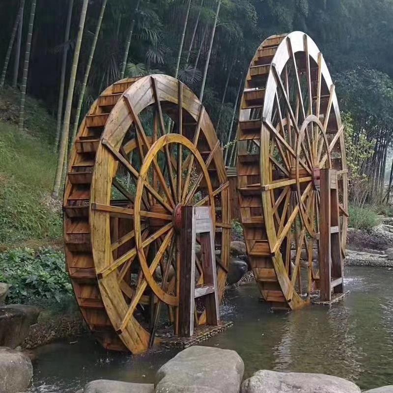 恒森水车转轮发电防腐木户外景观园林仿古脚踩践踏水车摆件可定制